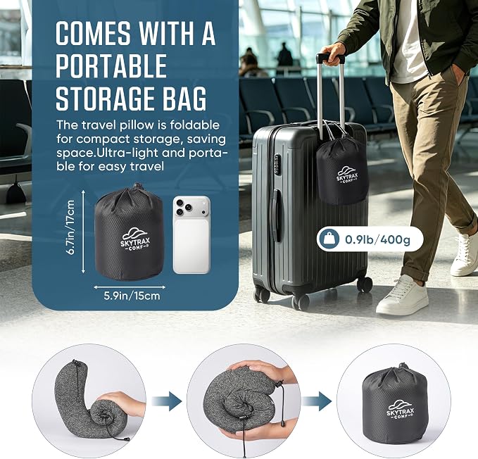 SkytraxComf® Travel Neck Pillow with Hood for Privacy on Long Flights | Memory Foam | Airplane Sleep | Safety-Tested Materials | Extra Large Hood | Chin Support | Earplugs | Washable Cover