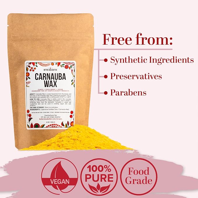 Carnauba Wax Flakes for DIY Balms, Candles & Skincare | Natural Vegan Wax, Ingredient for Lip Balm, Salves & Leather and Wood Finishing | 100% Pure | 8 oz Pouch