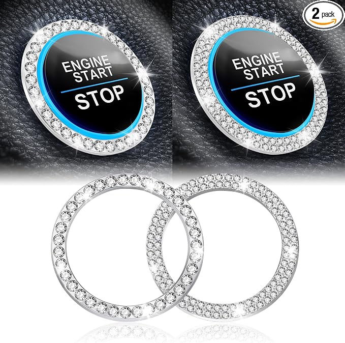 LivTee 2 PCS Crystal Combinatorial Rhinestone Engine Start Decoration Ring, Push to Start Button Cover, White