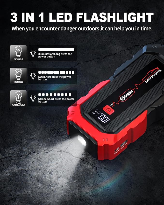 Jump Starter Battery Jumper Starter Portable Car Battery Jump Starter for Up tp All Gas & 12L Diesel, 12V 6000A Portable Jump Box with 3 Modes Flashlight and Jumper Cable
