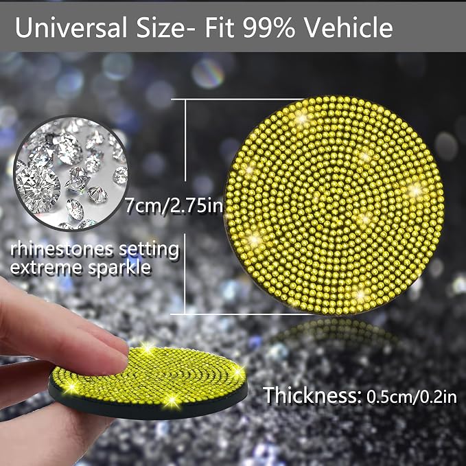 NBTEPEM 2pcs Bling Car Cup Holder Coaster, 2.75 inch Anti-Slip Shockproof Universal Fashion Car Coasters Insert Bling Crystal Rhinestone Automotive Interior Accessories for Women (2 pcs, Yellow)