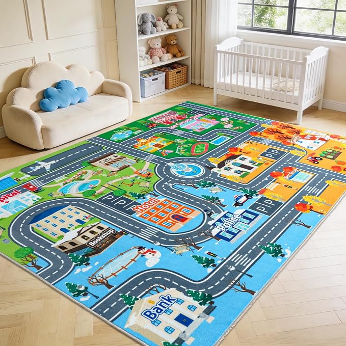 Car Rug Play Mat for Kids Toy Cars, 5' x 7' Town City Track Road Carpet, Non-Slip Machine Washable Town City Track Road Rugs Four Seasons Theme Traffic Mat for Kids Room Bedroom Game Safe Area