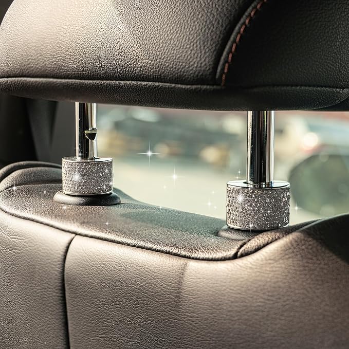 Rislobx 2PCS Magnetic Car Headrest Collars, Rhinestone Car Head Rest Collars Rings Decor, Bling Car Accessories for Women, Interior Decor Car SUV Truck (White)