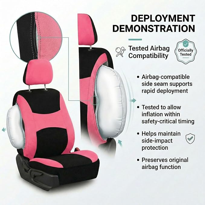 FH Group Universal Automotive Seat Covers 8 Seater Set | Light & Breezy Flat Cloth Washable Car Seat Cover for SUV, Sedan, Truck | Airbag Compatible Interior Upgrade - Pink/Black