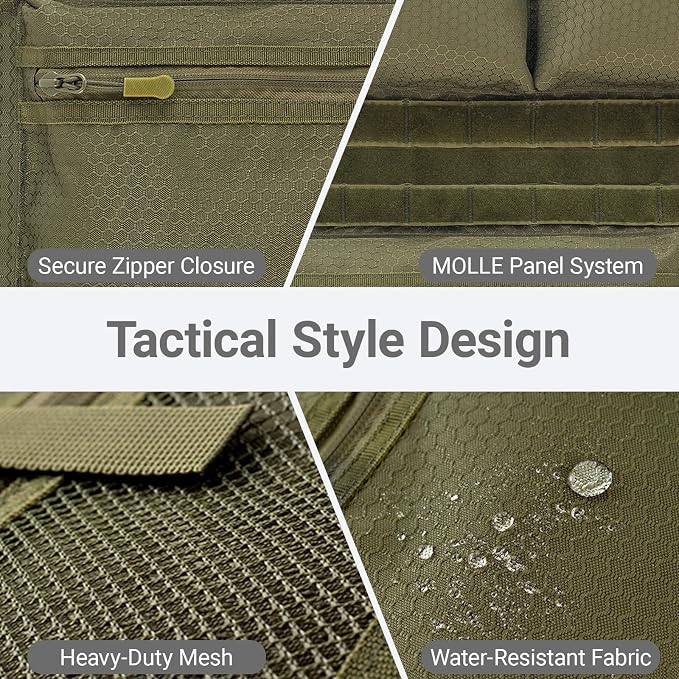 Tactical Car Seat Organizer with Multiple Pockets, MOLLE Panel System & Mesh Compartments, Durable Nylon Universal Vehicle Seat Back Storage with Cup Holder, Water-Resistant (Army Green)