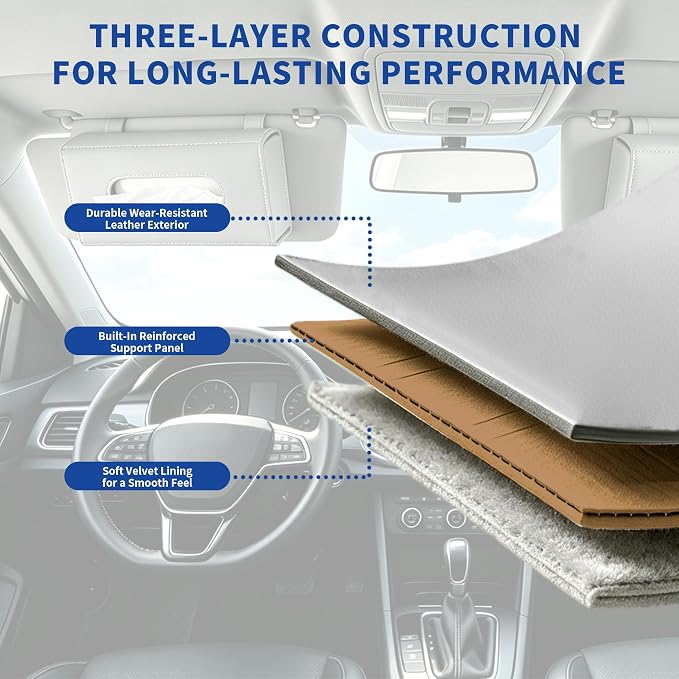 Car PU Leather Clip On Visor Tissue Holder with Mirror Storage Grey | Tissues Box Cover for Sun Visors Large Rectangle Napkin Holder Fit for Various Tissue Sizes Box Organizer for SUV Sedan Truck