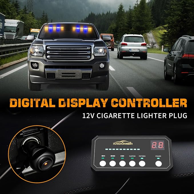 XRIDONSEN 2x 17 inch Dash Strobe Lights for Trucks, 40 LED Emergency Lights | Amber Blue Safety Warning Hazard Interior Front/Rear Windshield Light Bar w/ Controller for Construction Vehicles Plow Truck