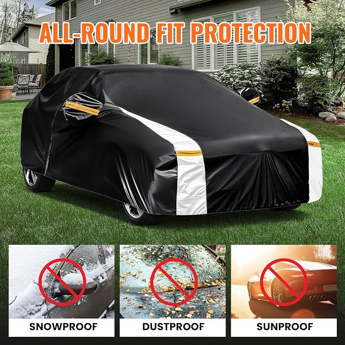 12-Layer Custom Fit Car Cover for Tesla Model 3 (2017-2026), Upgraded Waterproof All-Weather Full Exterior Cover with Door Zipper, for Snow Rain Dust and Sun UV Protection-Black.