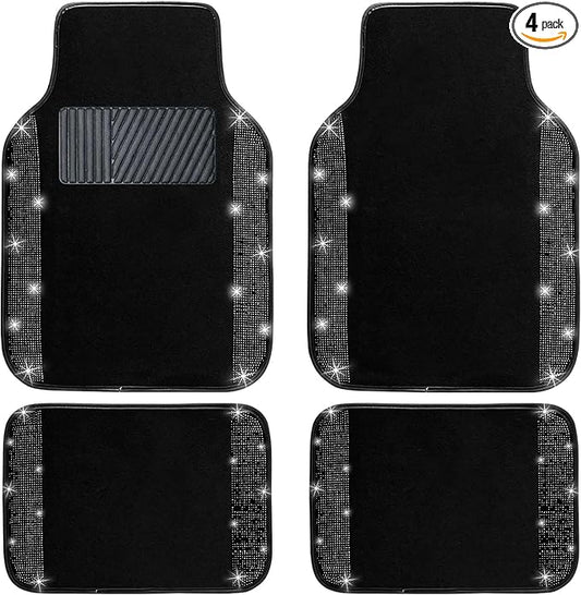 NBTEPEM Black Bling Car Floor Mats Full Set, Universal Fit Most Cars,SUV, Trucks, 4 pcs Sparkle Glitter Diamond Carpet for Women Girls with Anti-Slip Pad (Black Diamond)