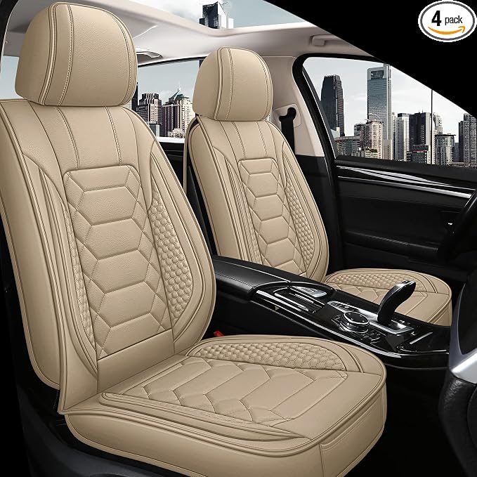 HAIYAOTIMES Leather Car Seat Covers Full Set, Waterproof Faux Leather Seat Covers for Cars, Non-Slip Car Interior Covers Universal Fit for Most Cars Sedans Trucks SUVs, Beige