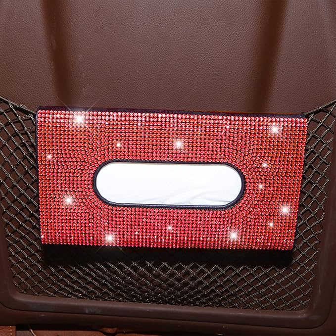 Bling Car Sun Visor Tissue Box Holder, Rhinestone PU Leather Crystal Sparkling Napkin Holder, Backseat Paper Towel Cover Case Car Accessories for Women (Red)