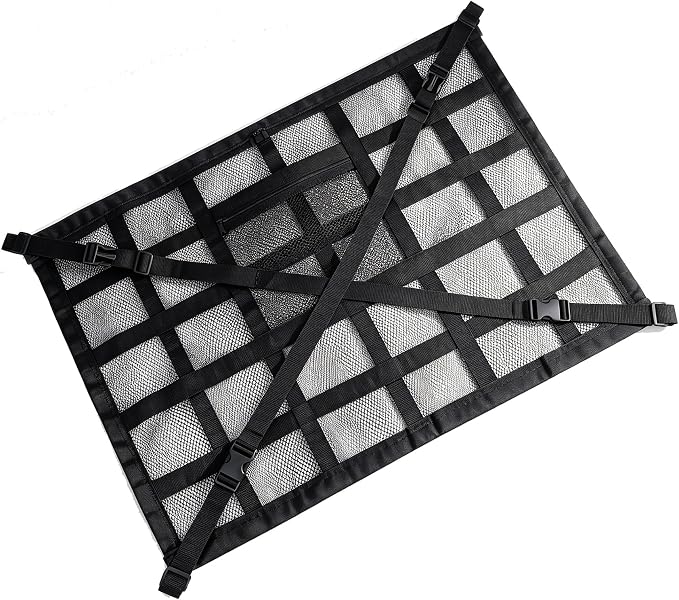 1 PC Car Ceiling Cargo Net Pocket, 31.5" x 21.6" Double-layer Roof Storage Organizer, Heavy Duty Overhead Mesh Net with Buckle Fasteners, Universal for Most Cars, Trucks, SUVs (Black)