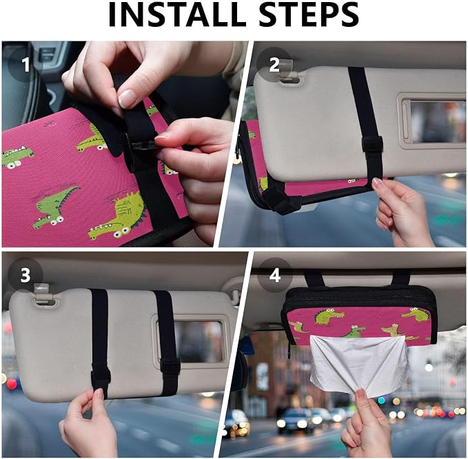 Car Visor Tissue Holder Mask Holder for Car, Car Tissue Box Sun Visor Napkin Holder Car Visor Accessories Adjustable Straps Reusable Durable Easy to Install Pink Funny Crocodiles