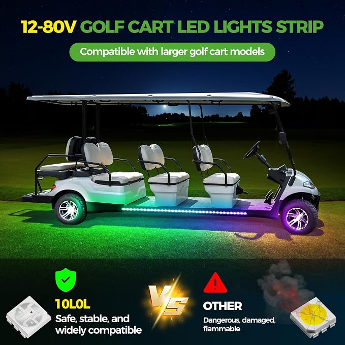 10L0L 4PCS Golf Cart Underglow LED Light Kit, Underbody RGB Strip Lights, 24-Mode Neon Accent Lighting, Music Sync, Wireless Remote, IP67 Waterproof, 12V-80V Input for EZGO Yamaha Club Car