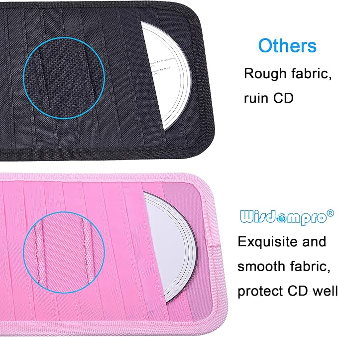 Car CD Case Holder, Wisdompro Vehicle Sun Visor Organizer for Cars with 12 DVD Storage Sleeves, 1 Mesh Pocket, 1 Pen Holder and Elastic Strap, Pink
