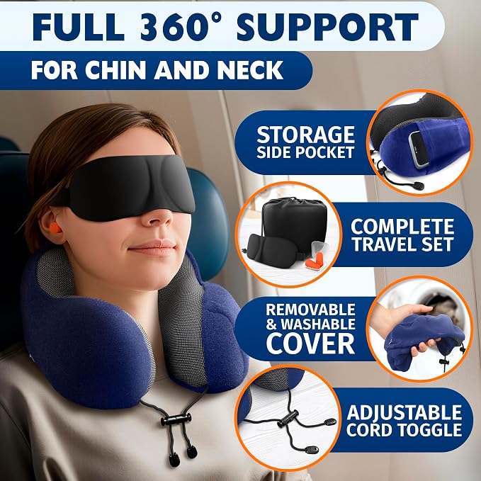 100% Memory Foam Neck Support Pillow with Adjustable Snap Buttons & Head Support – 4-in-1 Kit with 3D Eye Mask, Earplugs & Washable Cotton Cover – Neck Pillow for Plane Travel, Car, Train & Bus (Blue)
