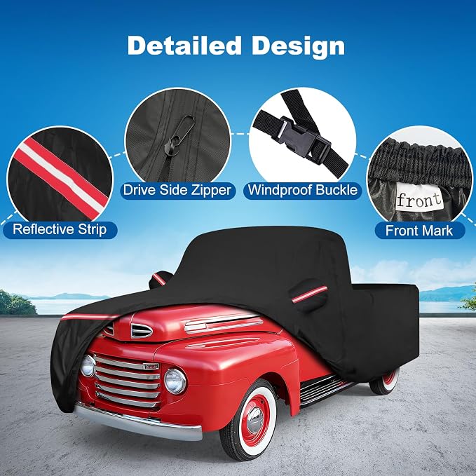 QUNSUNUS F100 Truck Cover 1948-1983 and F150 1980-2003 Regular Cab Short&Standard Bed, Waterproof F100 Car Cover with Elastic Edge, All Weather F150 Cover with Straps and Zipper