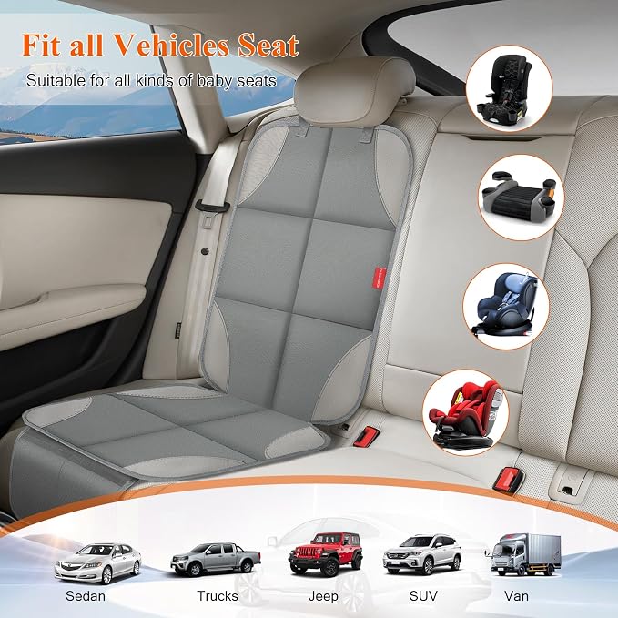 Car Seat Protector for Child Car Seat, Waterproof Durable 600D Fabric Car Seat Cover with Thickest Padding, Seat Protector Under Baby Car Seat with Non-Slip Backing Mesh Pockets for Baby and Pet