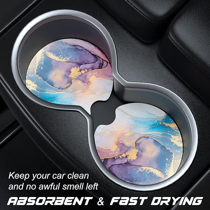 Aiawoxc Car Cup Holder Coasters, 2 Pack Universal Auto Anti Slip Insert Coaster with A Finger Notch, Cute Car Assecories for Women Men, Cup Mat for Most Interior, Purple Ink Marble