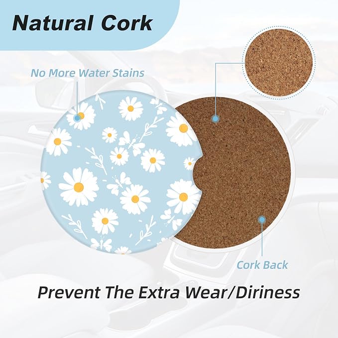 Blue Daisy Flower Car Coasters for Cup Holders,2 Pack Car Cup Holder Coasters for Car,Ceramic Absorbent Car Coaster with A Finger Notch and Cork Base,Car Interior Accessories for Women Men