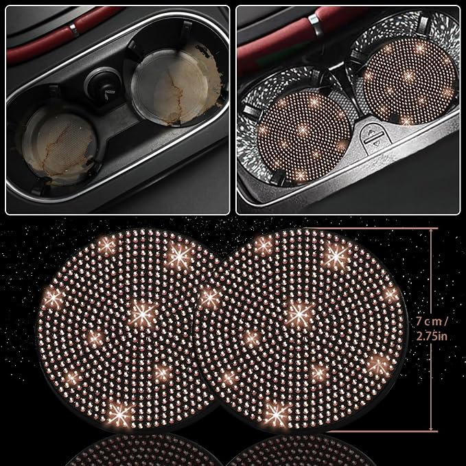 NBTEPEM 12 Pcs Bling Car Accessories Set for Women Car Floor Mats Full Set Steering Wheel Cover Seat Belt Covers Coasters Universal Fit Car SUV Truck Van Champagne