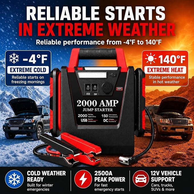 Jump Starter with Air Compressor,2000A Car Battery Jumper Starter 150 PSI Tire Inflator,6 in 1 Auto Lead-Acid Battery Booster Jump Starter for Up to 10.0L Gas or 8.0L Diesel with LED Light