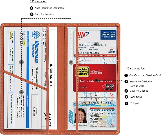TOURSUIT Car Registration & Insurance Card Holder, Brown | Vehicle License Document Organizer, Glove Box Compartment, Interior Car Accessories, For Women Men