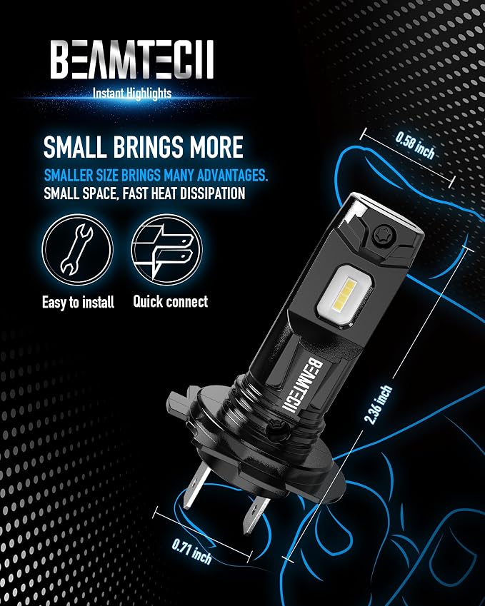BEAMTECH H7 Light Bulb, 6500K Xenon White, Fanless In Line, 1:1, Pack of 2 | No Adapter Need, Small Size Design, 1:1 Size