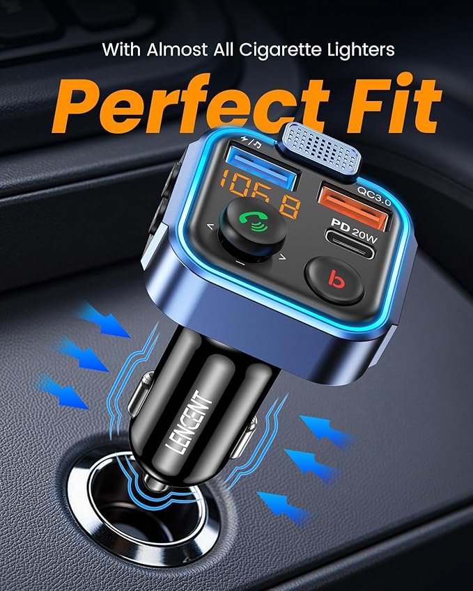 LENCENT FM Transmitter in-Car Adapter, Wireless Bluetooth 5.3 Radio Car Kit | Type-C PD 20W+ QC3.0 Fast USB Charger, Hands-Free Calling, MP3 Player Receiver Hi Fi Bass, Support U Disk