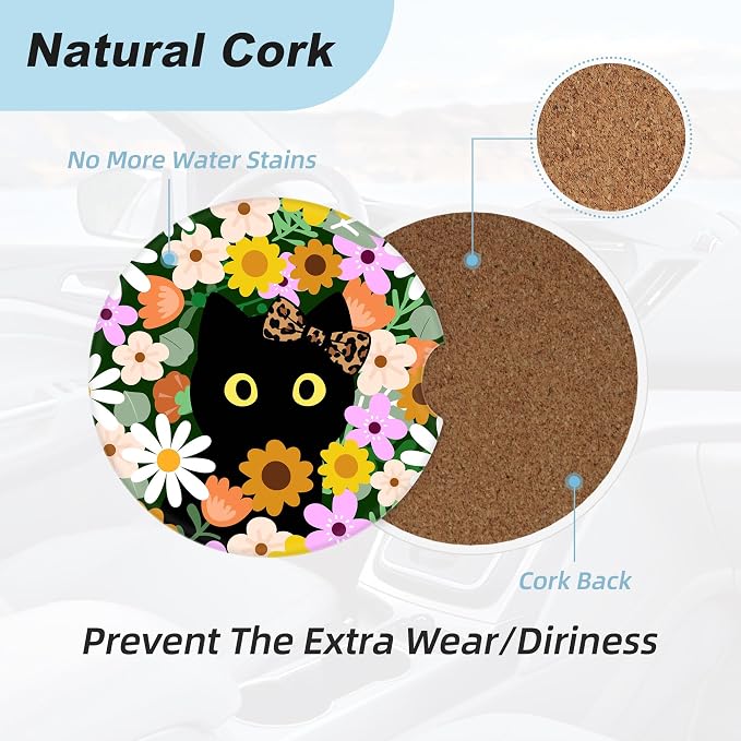 Flower Cute Black Cat Car Coasters for Cup Holders,2 Pack Car Cup Holder Coasters for Car,Ceramic Absorbent Car Coaster with A Finger Notch and Cork Base,Car Interior Accessories for Women Men