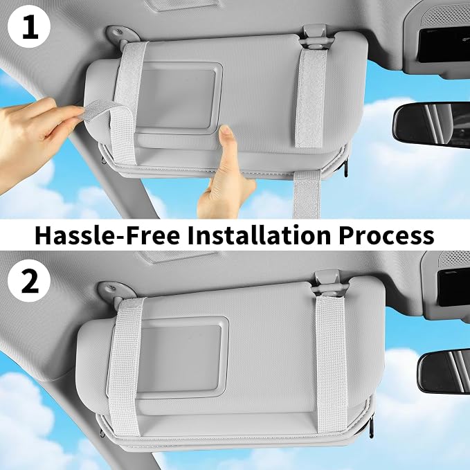 Car Sun Visor Organizer with Multi Pockets PU Leather Zipper Bag | Sunglass Holder with Elastic Straps and Glasses Clip Sunvisor Organizers Universal Fit for Trucks SUV Jeeps & Patrol Vehicles