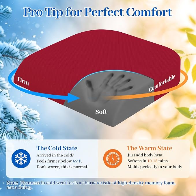 TranquilRelax Large Seat Cushion, Memory Foam Cushion for Long Sitting Hours on Office Chair, Home & Car, Non-Slip Chair Pad for Relieving Back & Sciatica & Hip & Coccyx Pain (Red)