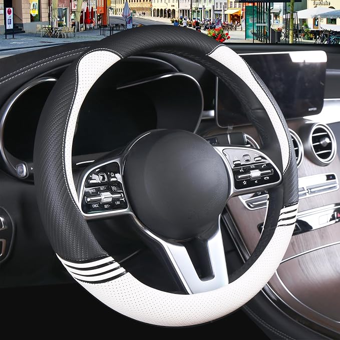 15 inch Cute Leather Steering Wheel Cover Black and White | Breathable Non-Slip Faux Leather and Carbon Fiber Car Accessories for Women Men Universal 14.5 inch to 15 inch