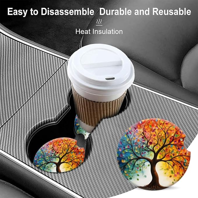 Cup Holder for Car,Tree of Life with Leaves Ceramic Coasters Non-Slip Cup Holder Insert with Fingertip Grip, Auto Interior Accessories for Women & Men,Pack of 2, 2.56In