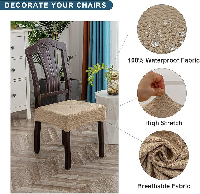 Genina Waterproof Seat Covers for Dining Room Chair Covers Waterproof Dining Chair Covers (2 PCS-Rear-gapped, Khaki)