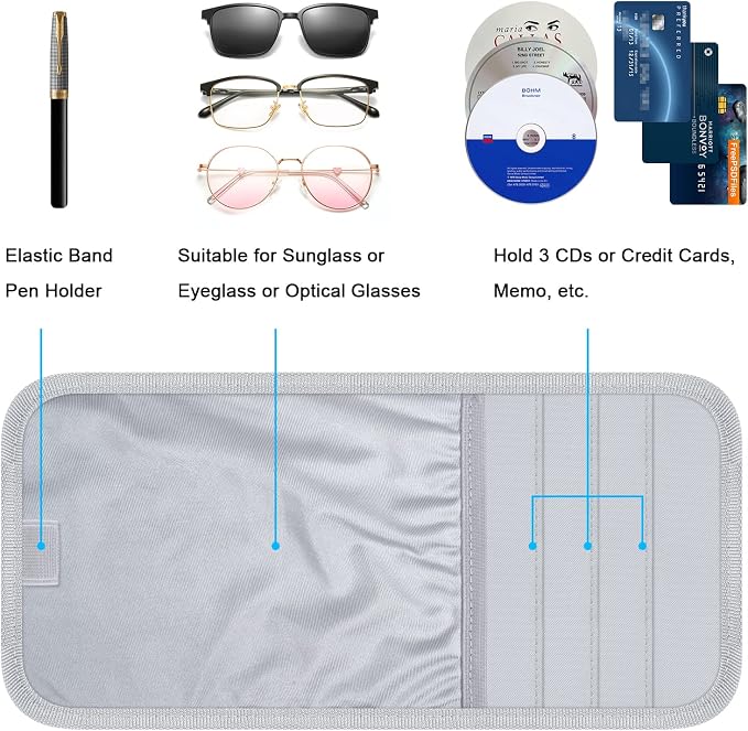 Wisdompro Car Sun Visor Storage Pouch, Sunglasses Bag & 3 CD Sleeves, Gray | with Pen Holder and Elastic Strap, Auto Sunvisor Organizer Pocket for Glasses, Document, Card, DVD, Papers, Receipts
