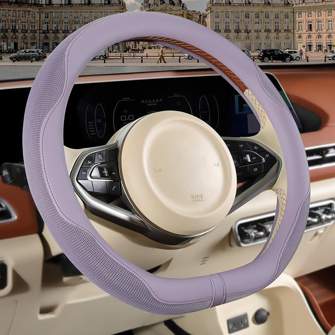 Nappa Leather Purple D Shaped Steering Wheel Cover 15 inch | Non-Slip Breathable Microfiber Leather Ice Silk Fabric, Warm in Winter and Cool in Summer Universal 14.5 inch to 15 inch