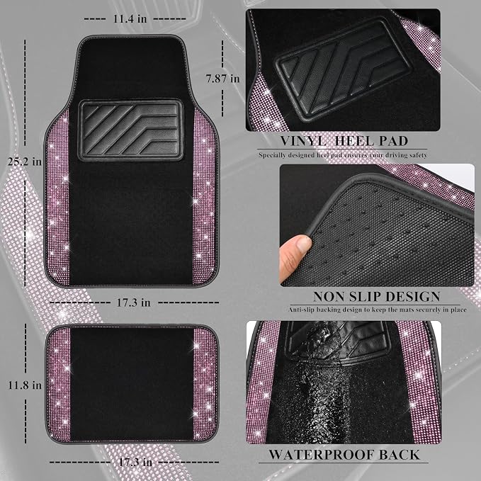 CAR PASS Bling Diamond Car Floor Mat Shining Rhinestones Carpet, Sparkly Glitter Crystal Anti-Slip PVC Heel Pad Automotive Universal Fit for SUV Sedan Car Van, 4pcs for Girl Cute Women, Black Pink