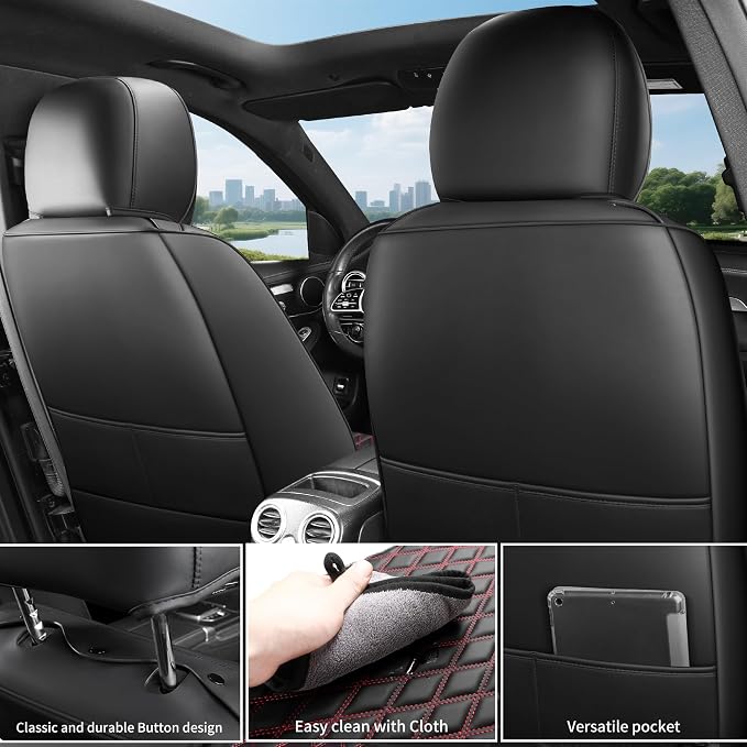 Black and Red Thick Nappa Leather Automotive Front Car Seat Covers Set of 2 | Univerasal Precision Fit,3D Contoured,Waterproof,ThickTexture Nappa Leather,for most Suvs Trucks Sedans