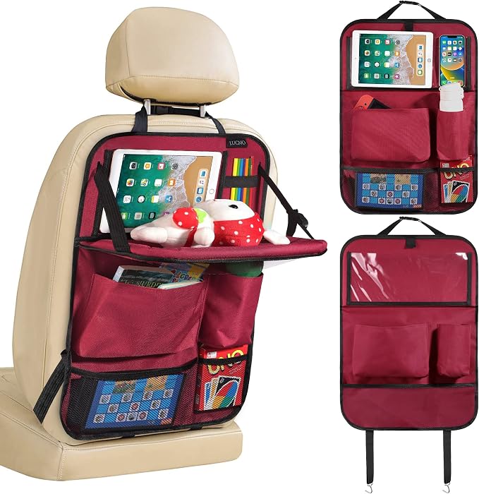 LUCMO Car Backseat Organizer with Foldable Tablet Holder,Red | 6 Storage Pockets,Foldable Food Tray,Protectors Kick Mats,Travel Accessories,Seat Cover,Road Trip Essentials