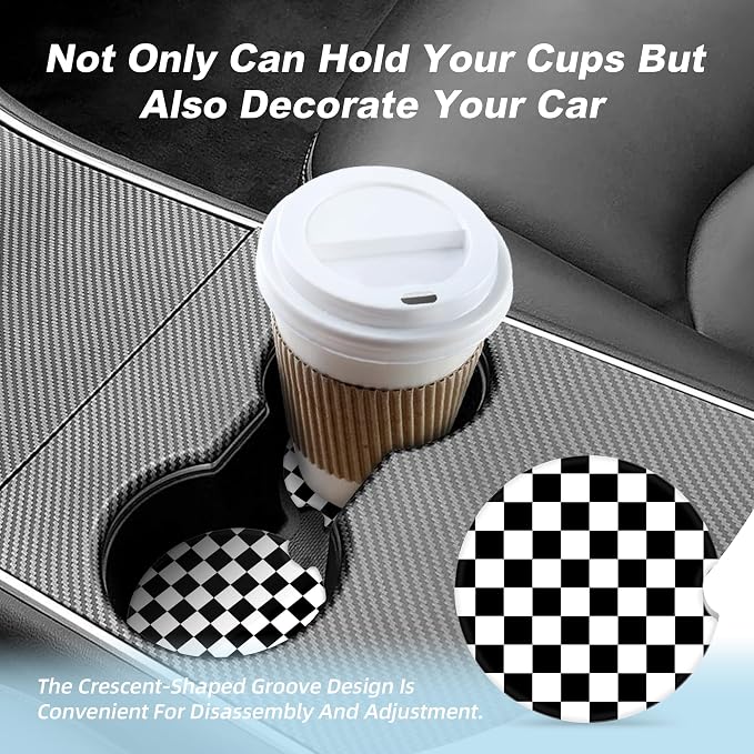 Black White Checkered Car Coasters for Cup Holders,2 Pack Car Cup Holder Coasters for Car,Ceramic Absorbent Car Coaster with A Finger Notch and Cork Base,Car Interior Accessories for Women Men