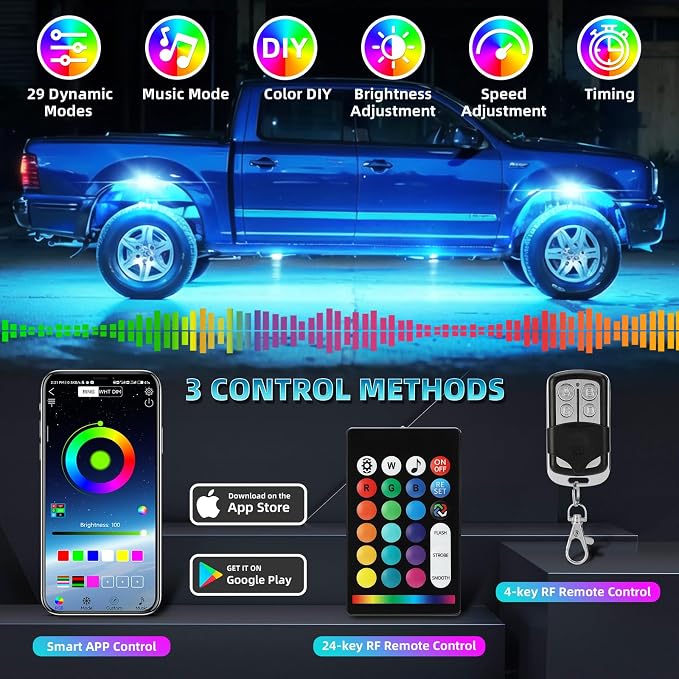 20 Pods RGB LED Rock Lights, Waterproof Red Green Blue Underglow Kit for Semi Trucks Boat Trailer Offroad Pickup RV Van Bus 12V