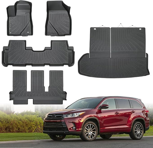 Floor Mats for Toyota Highlander 2014-2019, Custom Fit TPE Liners | All Weather Rubber Floor Mats with 3 Rows & Cargo Liner, Heavy Duty TPE Protection, Full Set with Backrest Coverage