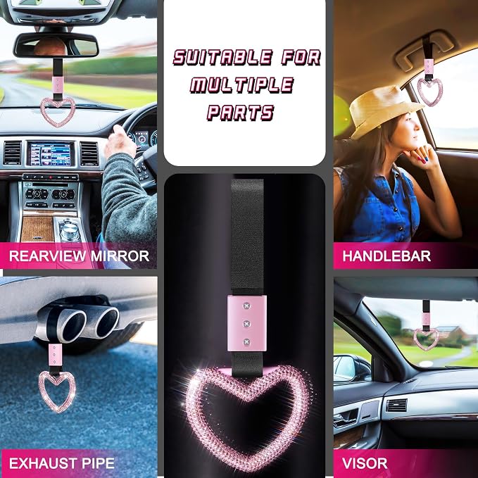 Fabbay Bling Car Accessories Bling Heart Handle Ring Car Accessory for Women Hand Strap Drift Charm Rear Bumper Warning Ring Decor for auto Bus Interior Exterior Decoration (Pink, Heart Style)