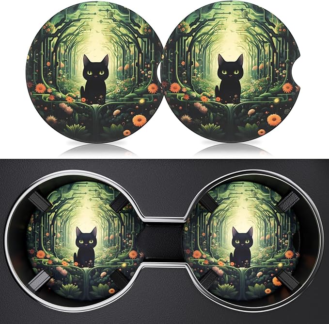 2 Pack Car Cup Holder Coaster, 2.63 inch Anti Slip Insert Absorbent Ceramic Car Coaster with Cork Base and Finger Notch, Cute Car Accessories Interior for Women, Cute Car Coasters., CH0025