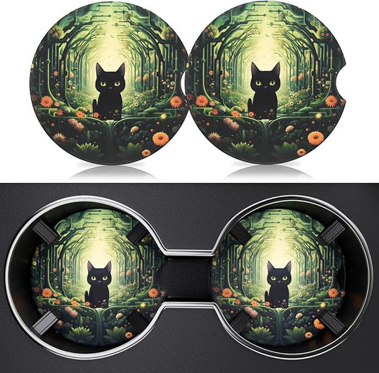 2 Pack Car Cup Holder Coaster, 2.63 inch Anti Slip Insert Absorbent Ceramic Car Coaster with Cork Base and Finger Notch, Cute Car Accessories Interior for Women, Cute Car Coasters., CH0025