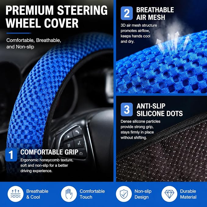 Mesh Ice Silk Cooling Car Steering Wheel Cover for Men Women,Summer Universal Breathable Stretch Anti-Slip Wheel Cover 14.5-15" for Cars, Trucks, Pickups, SUVs (Blue)
