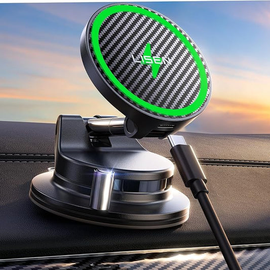LISEN for 15W Magsafe Car Mount Charger, [Carbon Fiber] 360° Magnetic Wireless Car Charger, Suction Car Phone Mount for Car Accessories for Men, Car Phone Holder for iPhone 17 Pro Max 16 15 14 13 12