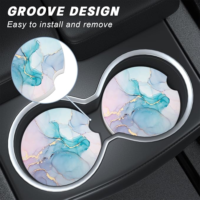 Aiawoxc Car Cup Holder Coasters, 2 Pack Universal Auto Anti Slip Insert Coaster with A Finger Notch, Cup Mat for Most Car Interior, Colorful Ink Marble