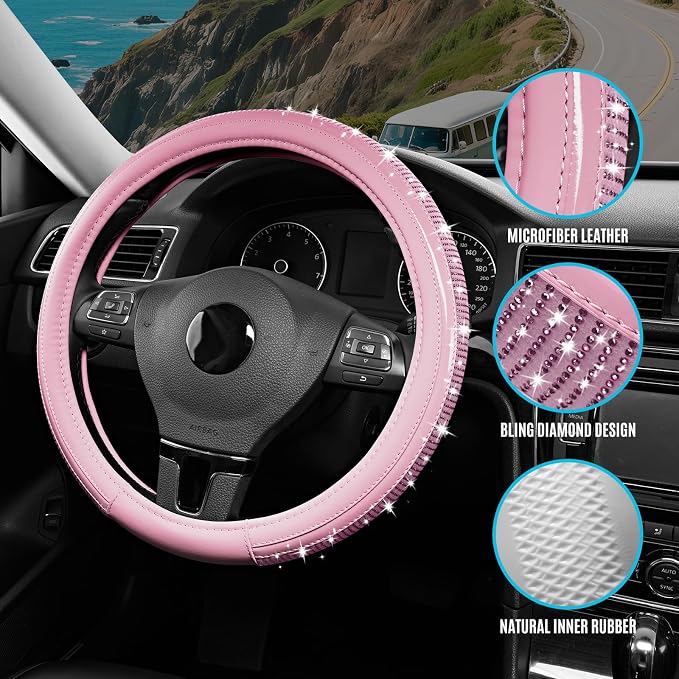 Road Comforts Bling Steering Wheel Cover – Pink Diamond Design, Universal Fit 14.5-15 Inch, Microfiber Leather, Anti-Slip & Breathable Design for Men and Women